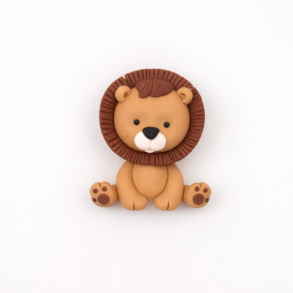 Fondant lion cake topper with a brown mane on a white background
