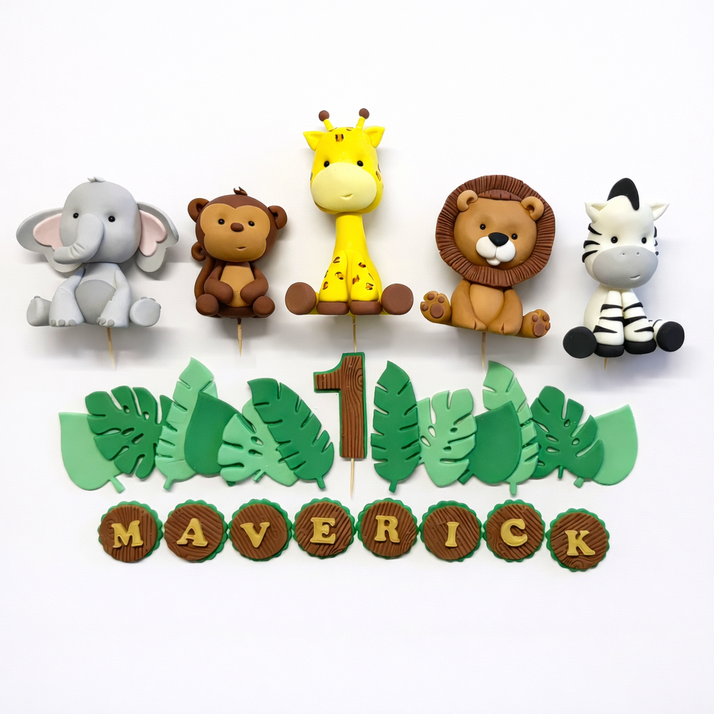 Fondant cake topper set with monkey elephant lion giraffe zebra personalised name and number and leaves 