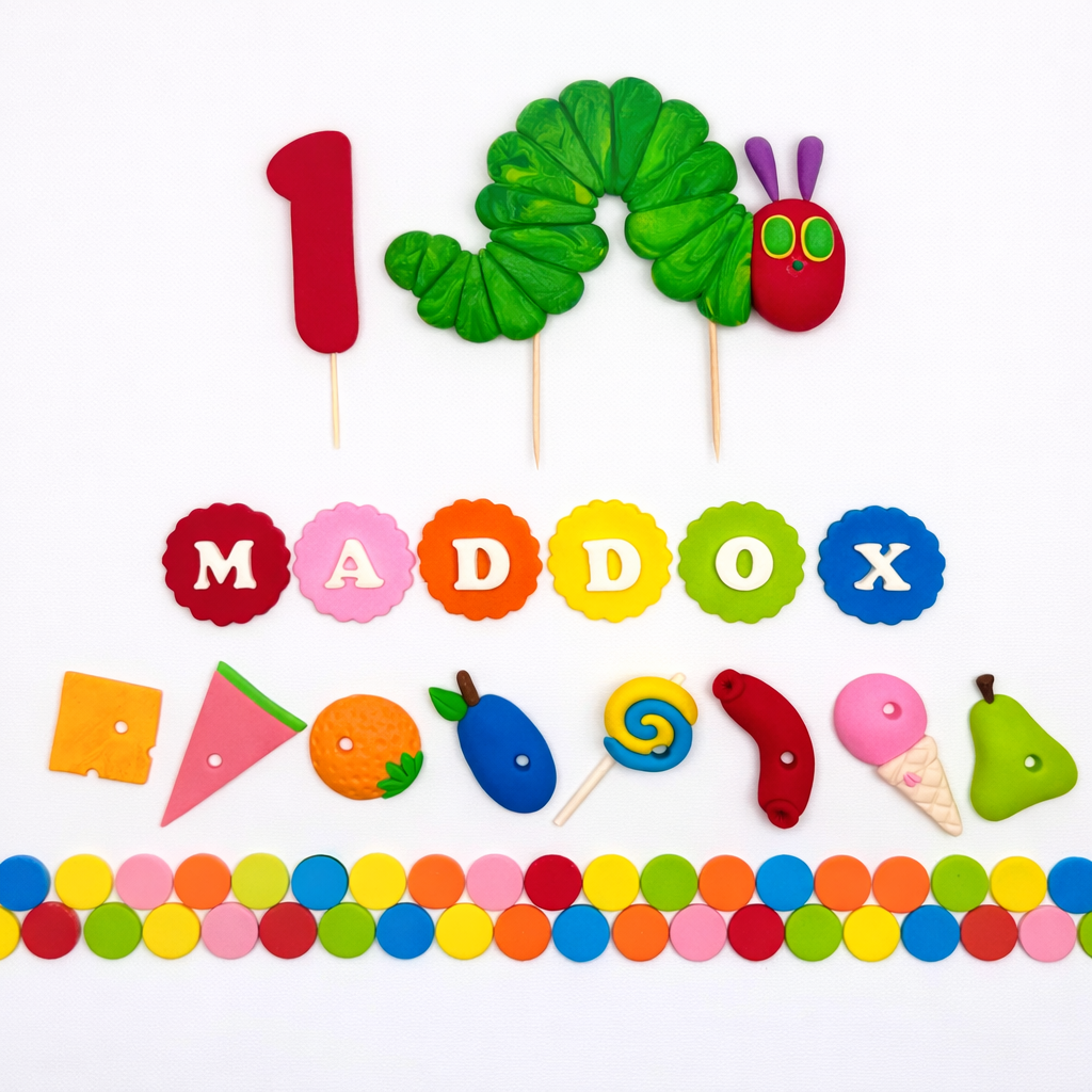 Colorful birthday cake toppers with a caterpillar design and personalized name on a white background.