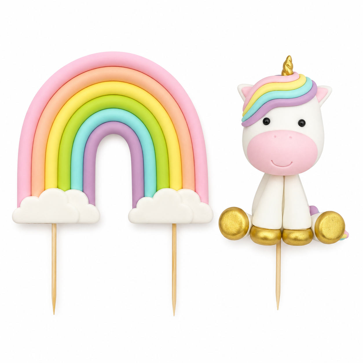Unicorn Rainbow Cake Topper Set – Pastel Fondant Cake Decorations for Birthday