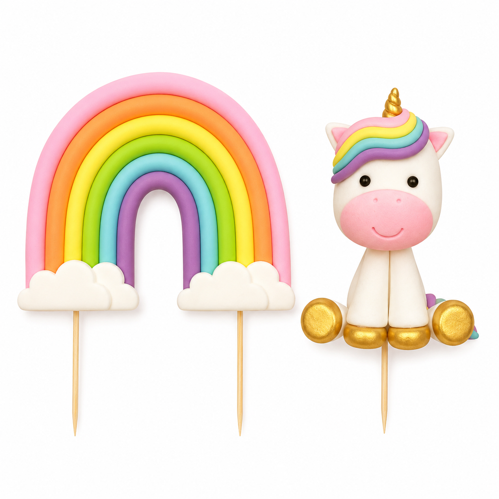 Unicorn Rainbow Cake Topper Set – Pastel Fondant Cake Decorations for Birthday