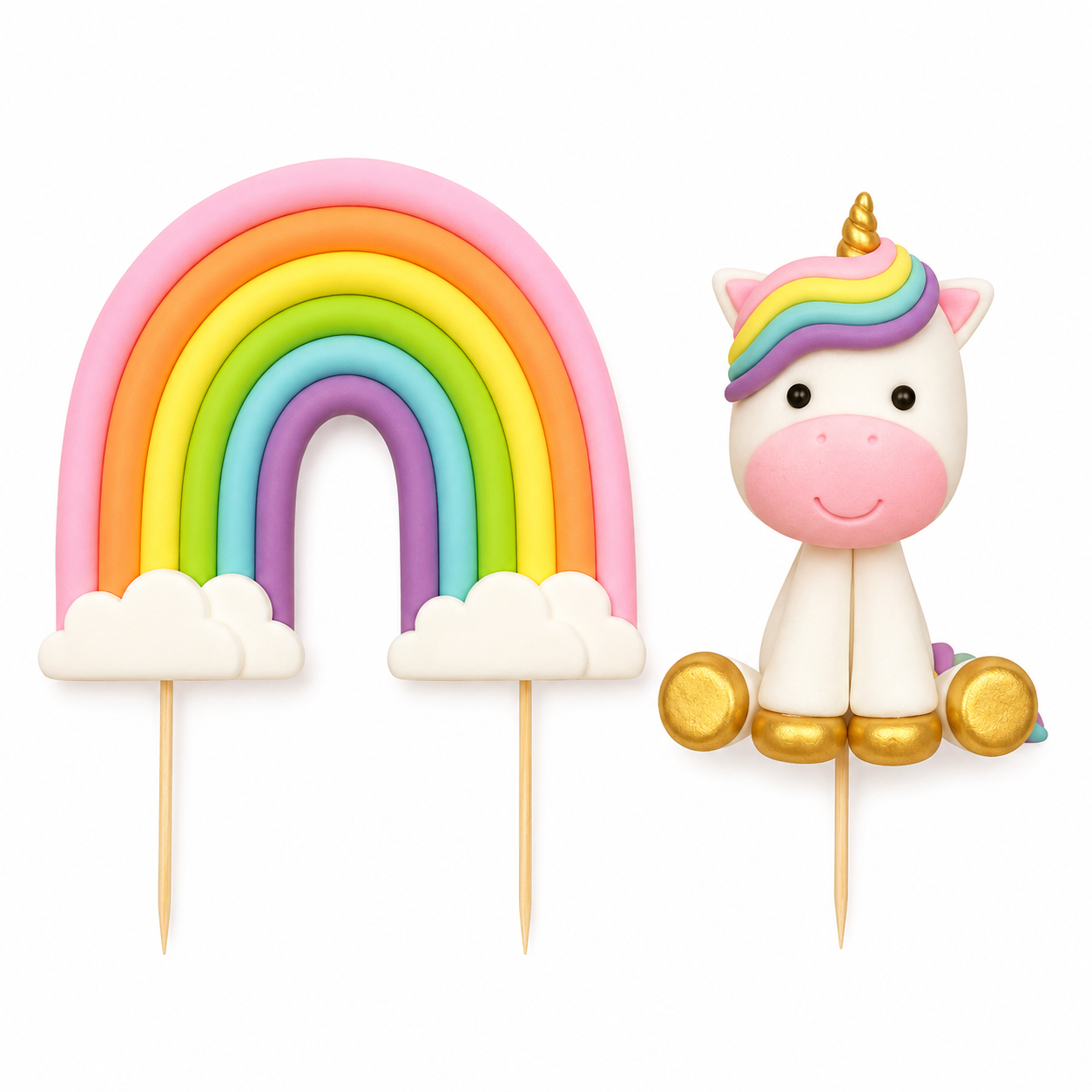 Unicorn Rainbow Cake Topper Set – Pastel Fondant Cake Decorations for Birthday
