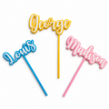 Personalised 3D printed script name cake toppers in custom blue, yellow and pink colour combinations