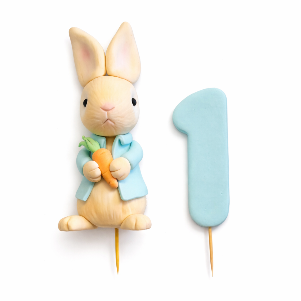 Plush rabbit cake topper holding a carrot next to a fondant blue number '1' on a white background