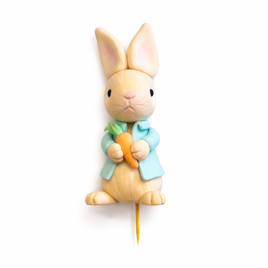 Fondant Peter Rabbit cake topper holding an orange carrot