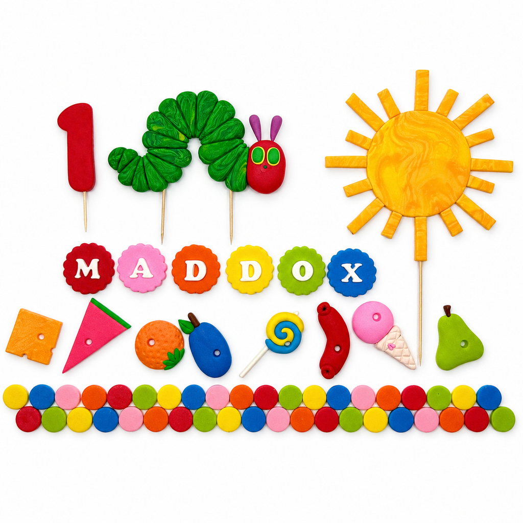 Fondant Hungry Caterpillar cake topper set including name and number personalised and sun dots and food items