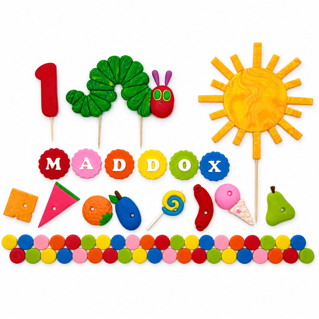 Fondant Hungry Caterpillar cake topper set including name and number personalised and sun dots and food items