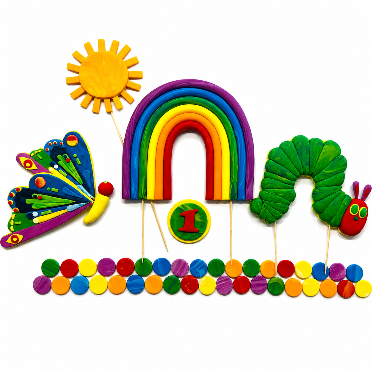 Very Hungry Caterpillar Cake Topper Set – Rainbow First Birthday Fondant Cake Decorations