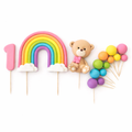 Rainbow Teddy Bear Cake Topper Set Personalised – First Birthday Cake Decorations with Balloons