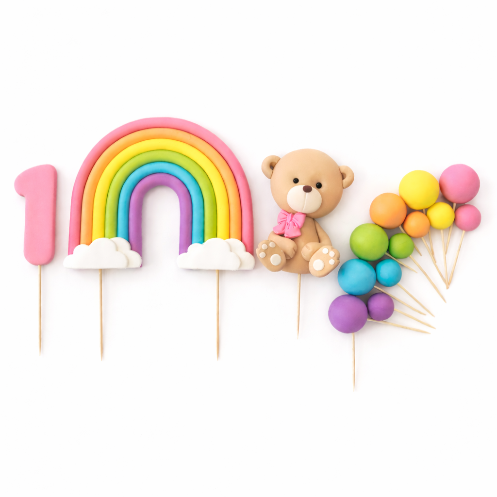 Rainbow Teddy Bear Cake Topper Set Personalised – First Birthday Cake Decorations with Balloons