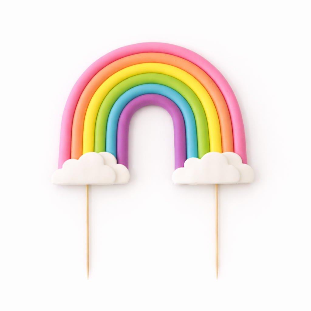 Colorful rainbow-shaped cake topper with white clouds on a white background